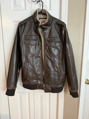 Levi's Dark Brown Faux Leather Bomber Jacket with Sherpa Lining